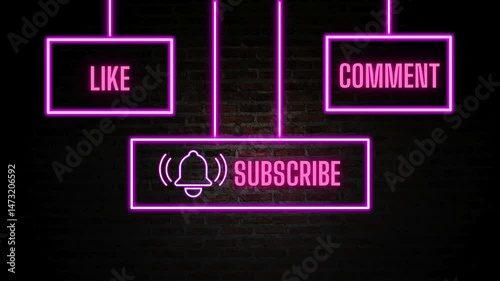 Neon signs on brick wall displaying social media with like, comment, and subscribe text. 4K social Media end video template