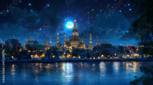 Illuminated wat arun temple across river at night in bangkok. [Digital Relics] | Code Temple | algorithm altar. Illustration