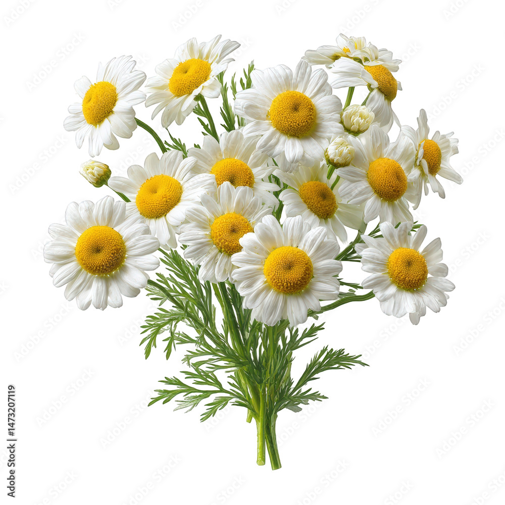 Obraz premium Beautiful bouquet of fresh white daisies with yellow centers isolated on on transparent background