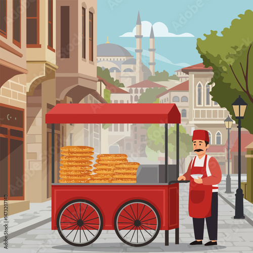 Street Vendor Selling Traditional Food in a Cityscape Illustration
