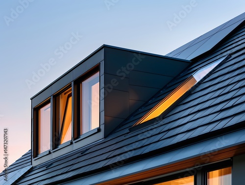 Close-up showcases a modern passive house's sleek black slanted roof design.