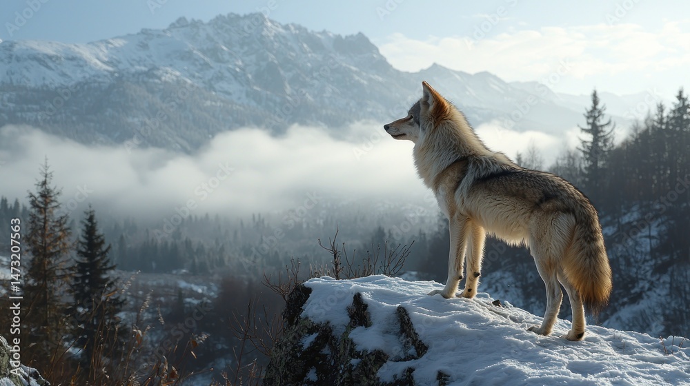 Fototapeta premium Majestic wolf atop snowy mountain peak, gazing at misty valley