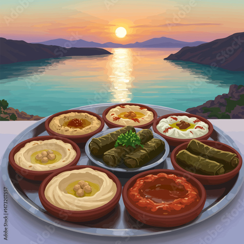 Serving Middle Eastern Food with Beautiful Sunset Overlooking a Calm Lake