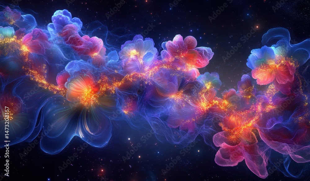 Naklejka premium Cosmic floral nebulae in swirling, vibrant hues