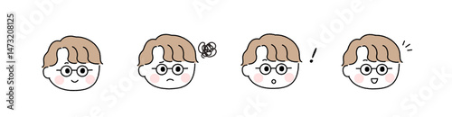 ゆるかわいい手描き風の表情セット／眼鏡を掛けた男性