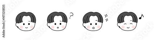 ゆるかわいい手描き風の表情セット／センターパートの男性