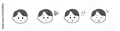 ゆるかわいい手描き風の表情セット／黒髪の男性
