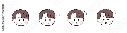 ゆるかわいい手描き風の表情セット／パーマヘアの男性
