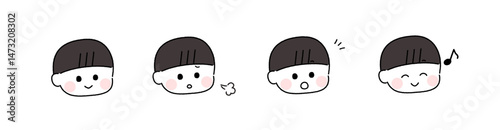 ゆるかわいい手描き風の表情セット／おかっぱの男の子