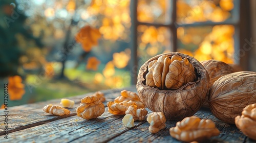 Autumnal walnuts on rustic wooden table, fall leaves bokeh