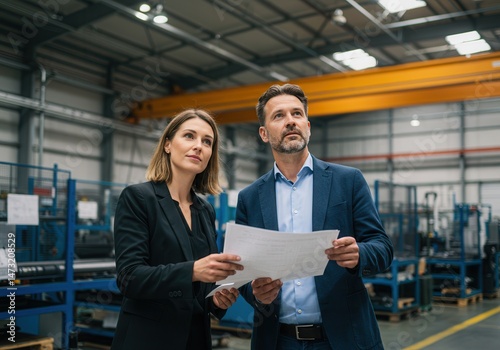 Business colleagues review plans inside manufacturing plant, looking up toward ceiling