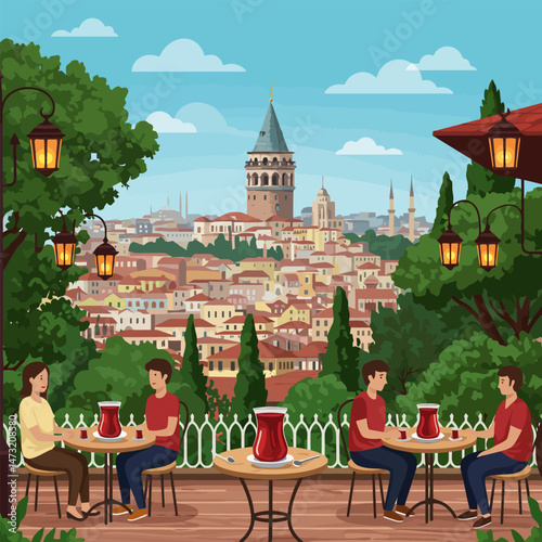 People Enjoying Tea with City View and Tower Landmark