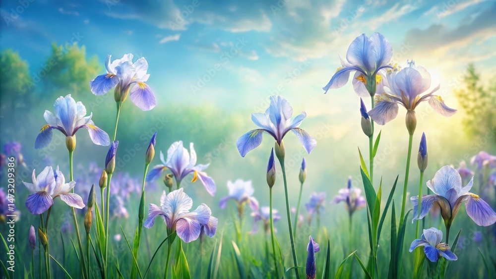Fototapeta premium Serene sunrise illuminates a field of delicate lavender irises, their petals unfurling in the soft morning light, creating a breathtaking natural scene