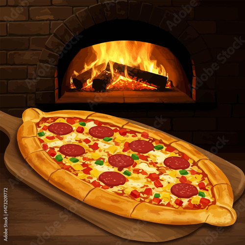 Preparing Fresh Pepperoni Pizza Near Wood Oven for a Delicious Meal