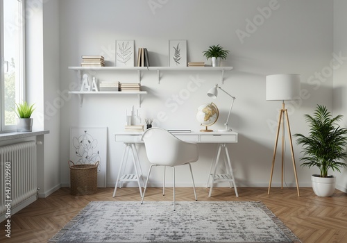 Bright home office with white desk, chair, and decor elements