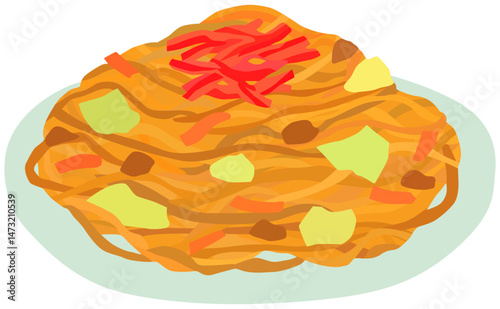 お皿にのった焼きそばのイラスト ベクター素材