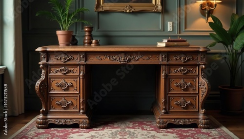 Elegant antique wooden writing desk with intricate carvings and drawers , desk, antique, vintage furniture