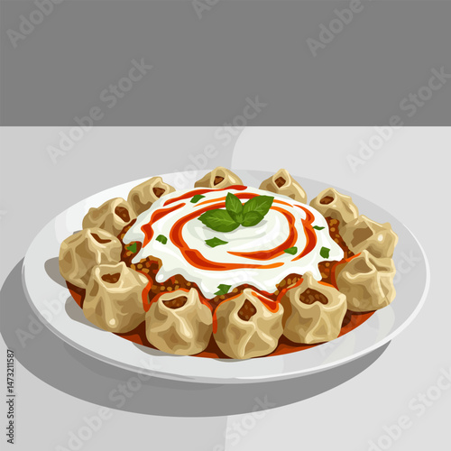 Dumplings with Yogurt Sauce and Mint on Plate Illustration