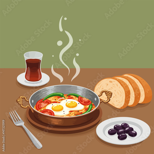 Preparing Shakshuka Breakfast with Eggs Tomatoes Peppers and Olives