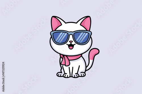 Adorable cartoon cat wearing sunglasses and a pink scarf in a cool and stylish design