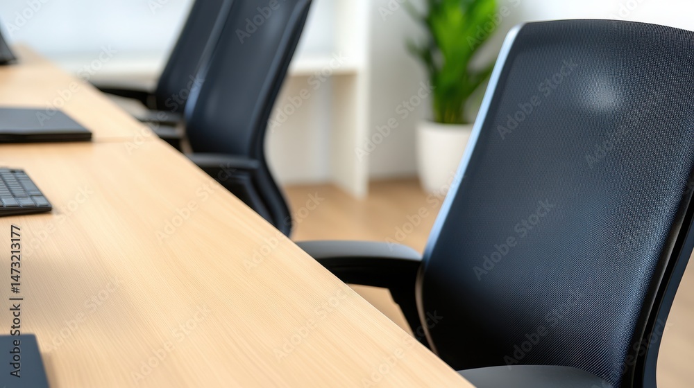 Fototapeta premium Modern Office Workspace with Empty Black Chairs and Wooden Desk