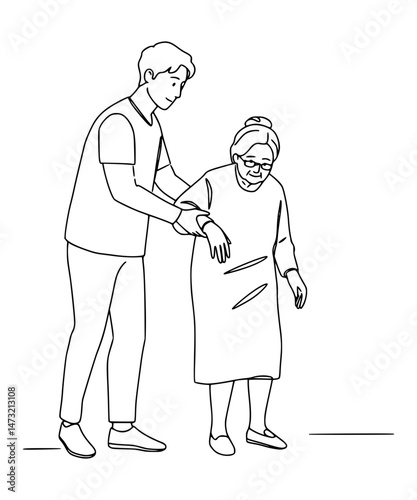 Person helping elderly woman Line Art
