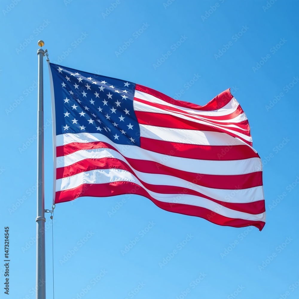 Fototapeta premium American flag waving proudly against a clear blue sky, a symbol of freedom and patriotism. The United States flag, a national emblem representing democracy and unity.