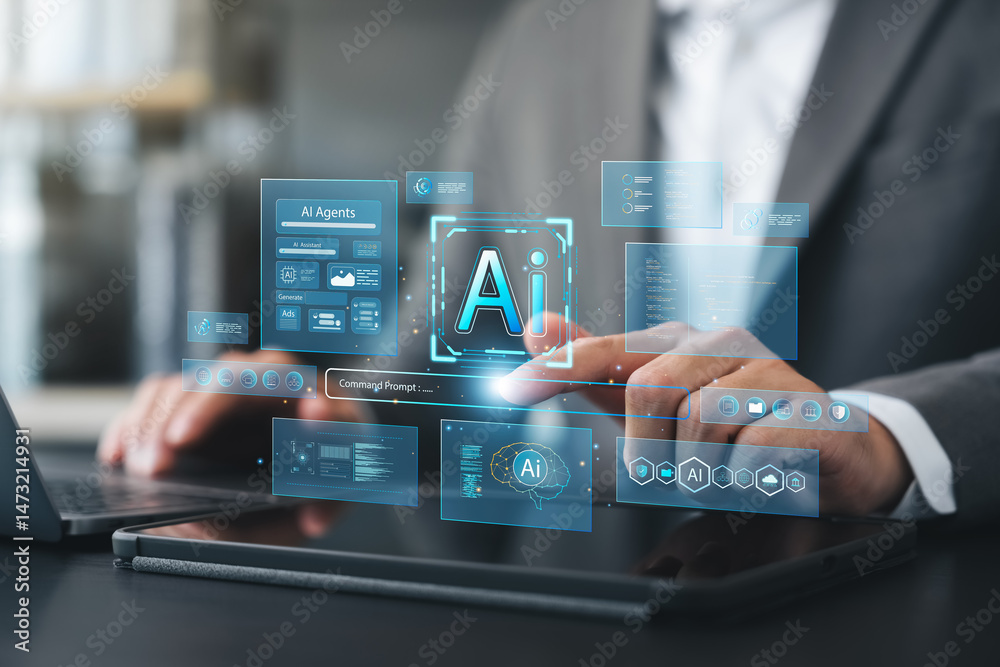 © Thapana_Studio - Businessman interacting with AI interface on tablet, symbolizing artificial intelligence technology, machine learning, digital transformation, coding, innovation, future business communication. © Thapana_Studio - Businessman interacting with AI interface on tablet, symbolizing artificial intelligence technology, machine learning, digital transformation, coding, innovation, future business communication.