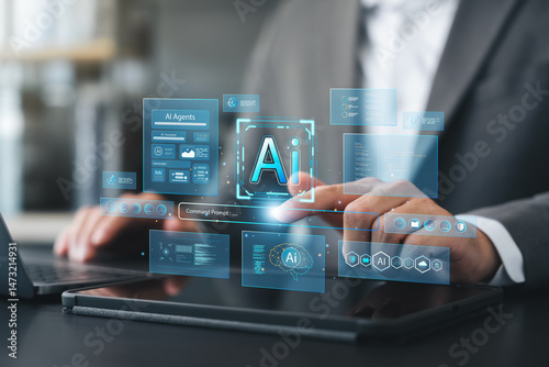 Businessman interacting with AI interface on tablet, symbolizing artificial intelligence technology, machine learning, digital transformation, coding, innovation, future business communication.