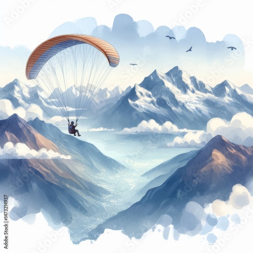 Serene Watercolor Paragliding Adventure Over Majestic Mountain Ranges