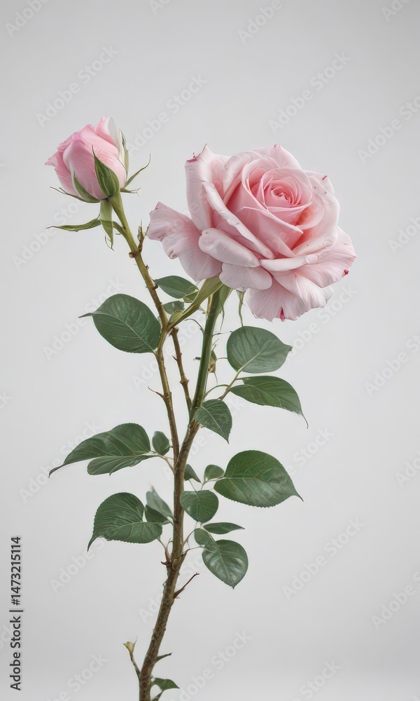 Obraz premium Delicate pink rose blossom, pristine white backdrop, plant, pink rose, texture