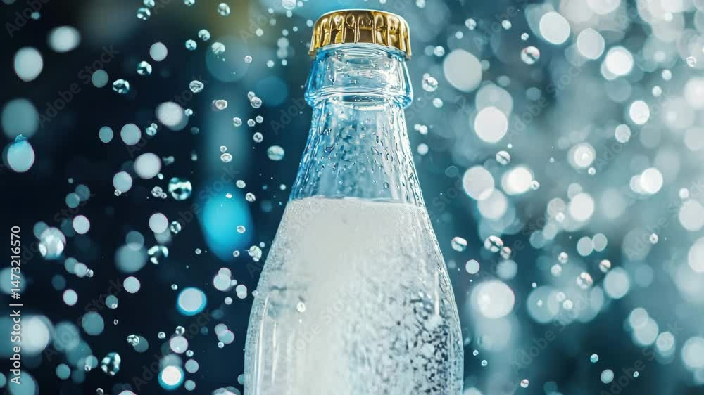 Sparkling water bottle with condensation, bubbles, and water droplets in close up on clear glass, refreshing and cold, golden cap, blue bokeh background, thirst quenching macro photography