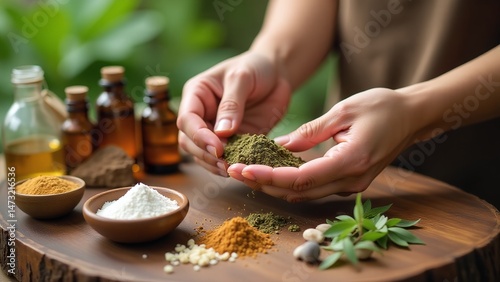 Ayurvedic herbal medicine preparation, natural remedies, wellness herbs