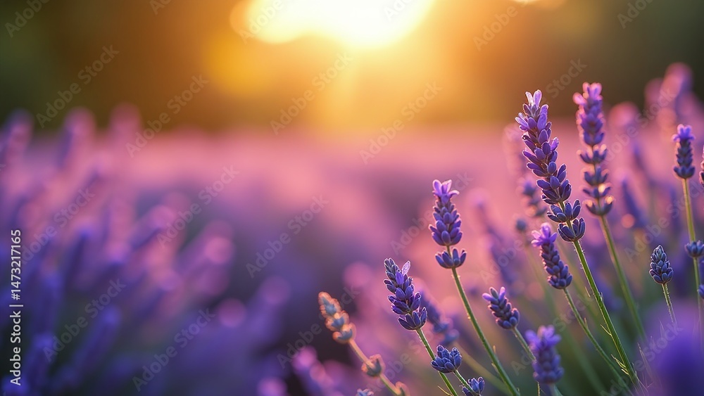 Naklejka premium Peaceful lavender field background with soft purple flowers and warm golden sunlight