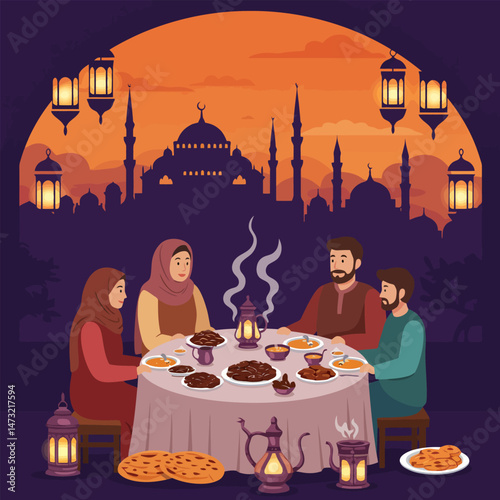 Family Dinner with Middle Eastern Food in Front of City Silhouette