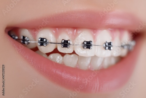 Close-up of a smiling mouth with metal braces and pink lips.