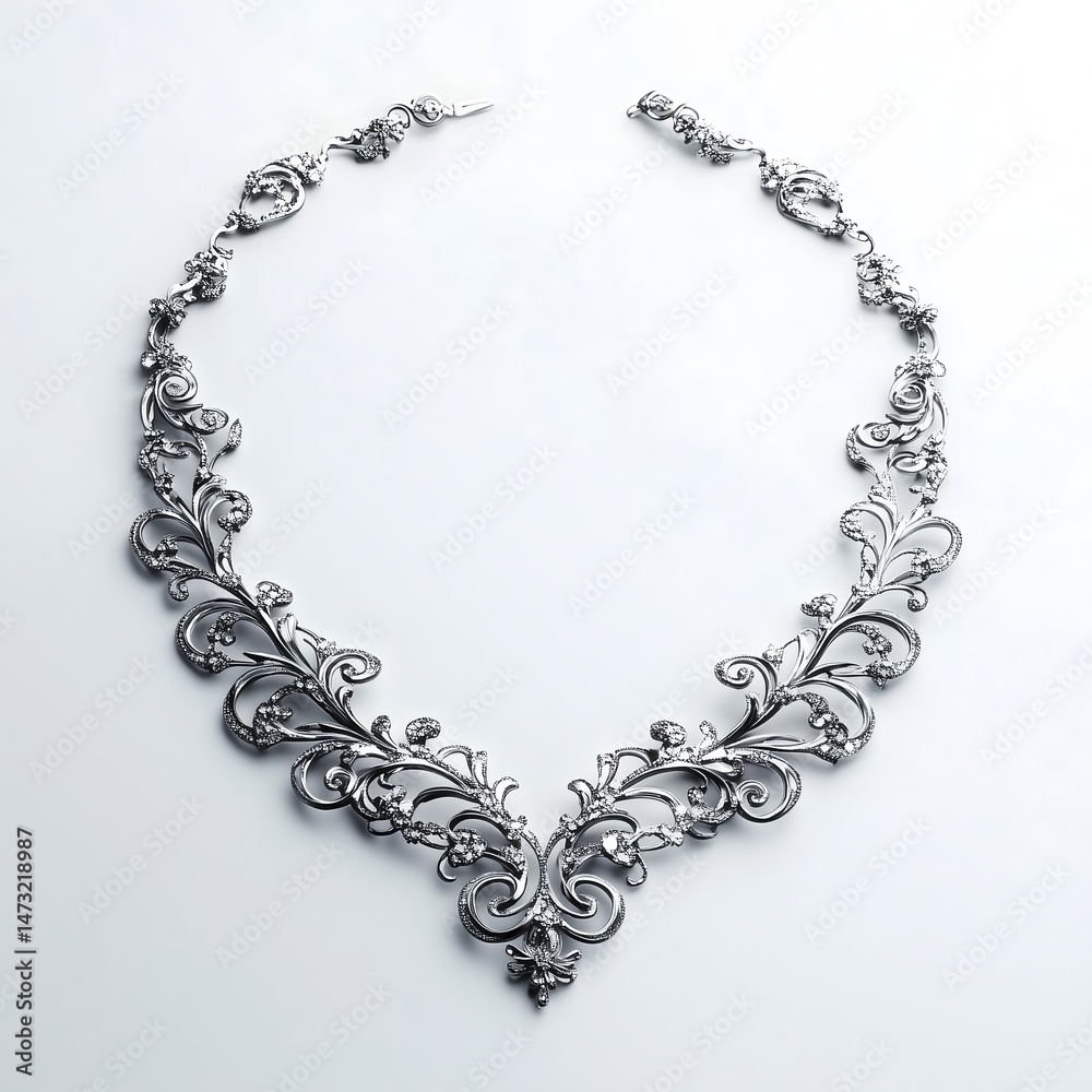 Obraz premium Elegant Silver Necklace: Ornate Bijoux Jewelry with Intricate Floral Motifs, Perfect Statement Piece for Wedding or Fashion Accessories