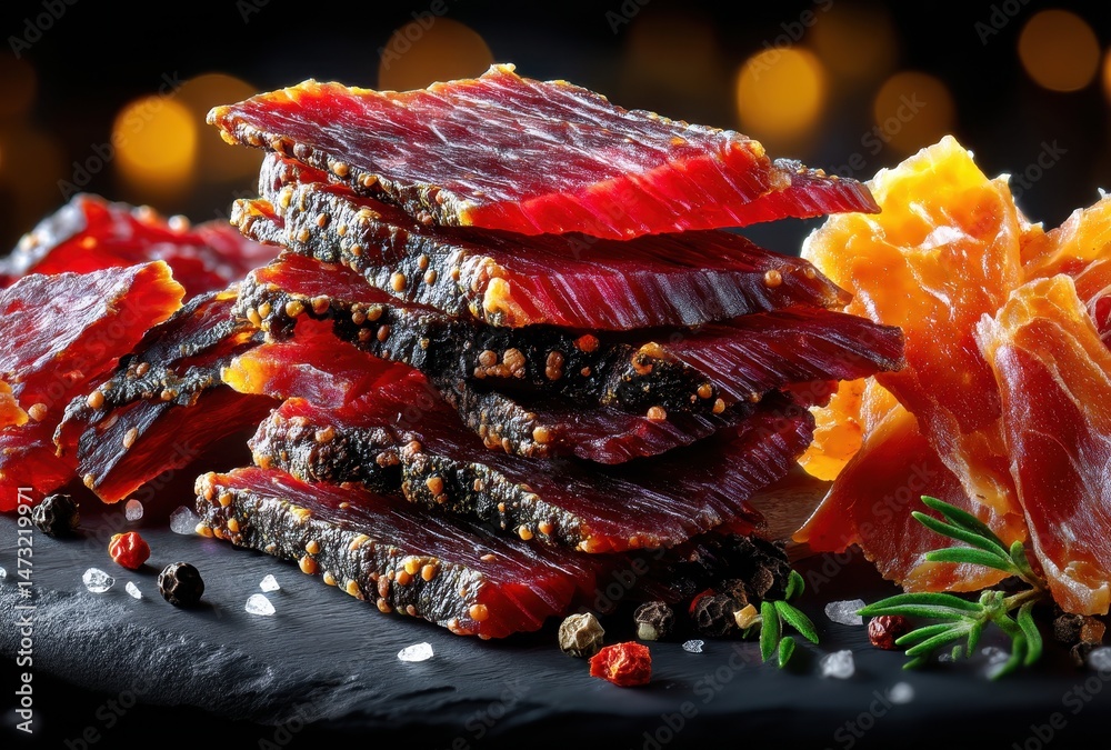 Fototapeta premium Gourmet Dried Meat Stacks with Spices on Stone Plate Surrounded by Warm Lights for Culinary and Food Photography Projects