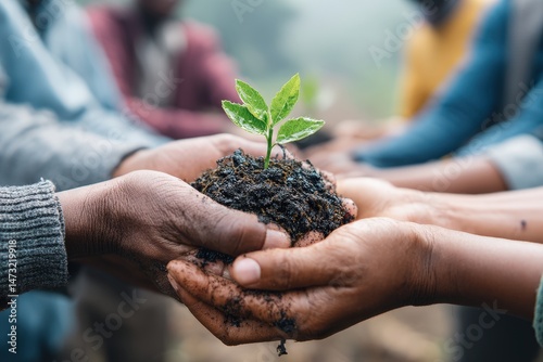 Hands nurture a growing seedling together.