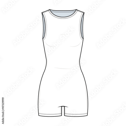Sleeveless Biker Romper Technical Fashion Illustration. Women’s Active One-Piece Vector Template. Front View. Body-Hugging Fit. Crew Neckline. CAD Mockup.