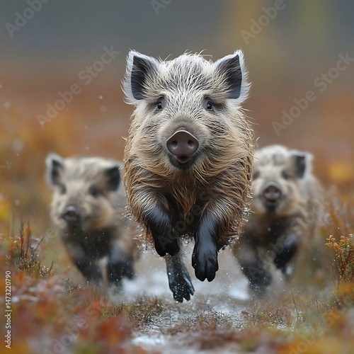 Wallpaper Mural Wild piglets leaping through autumnal terrain Torontodigital.ca