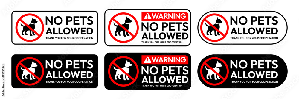 No pets allowed icon set. No pets allowed warning sign, logo, label, badge, sticker, symbol, red circle, stamp, black, line, flat vector, isolated illustration. No cat and dog prohibited signs. No pets allowed icon set. No pets allowed warning sign, logo, label, badge, sticker, symbol, red circle, stamp, black, line, flat vector, isolated illustration. No cat and dog prohibited signs.