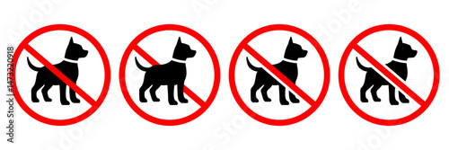 No pets allowed icon set. No pets allowed warning sign, logo, label, badge, sticker, symbol, red circle, stamp, black, line, flat vector, isolated illustration. No cat and dog prohibited signs.