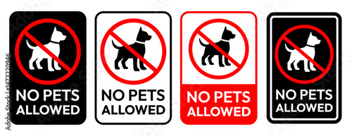 No pets allowed icon set. No pets allowed warning sign, logo, label, badge, sticker, symbol, red circle, stamp, black, line, flat vector, isolated illustration. No cat and dog prohibited signs.
