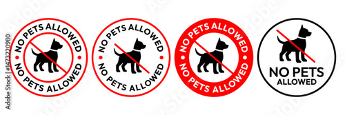 No pets allowed icon set. No pets allowed warning sign, logo, label, badge, sticker, symbol, red circle, stamp, black, line, flat vector, isolated illustration. No cat and dog prohibited signs.
