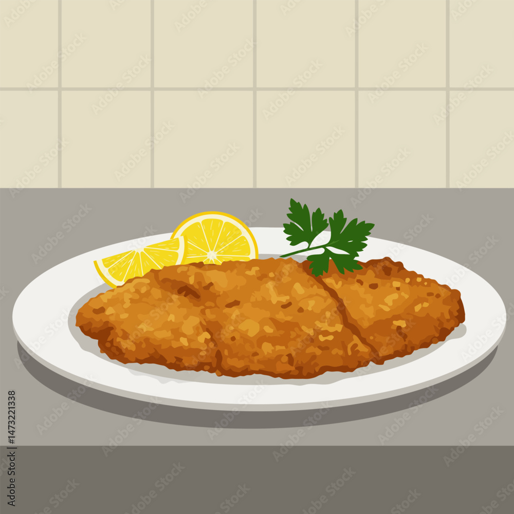 Serving Delicious Breaded Cutlet with Lemon and Parsley on Plate