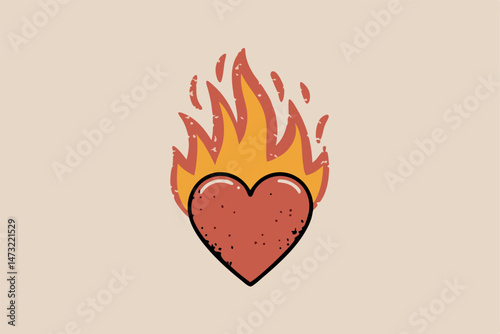 Burning heart tattoo style design illustration concept for love passion and romance