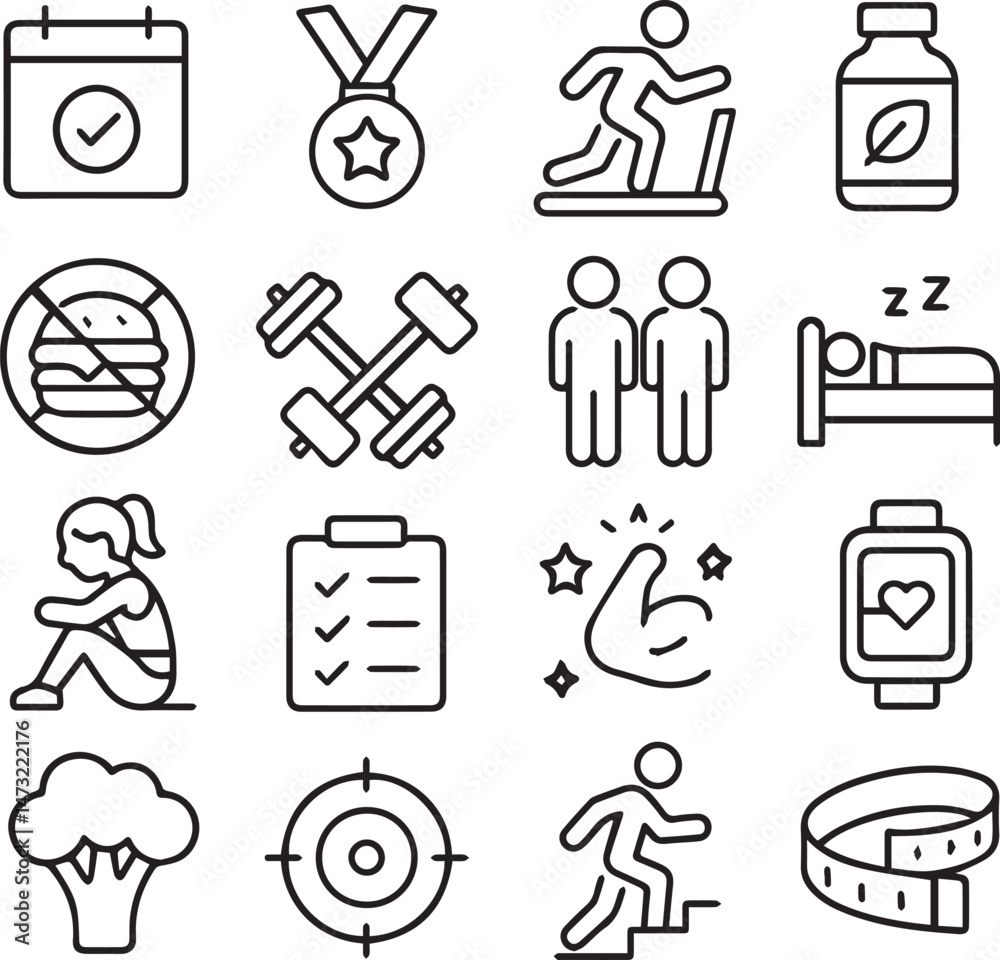 Obraz premium Health and Fitness Line Icons Set – Minimalist Wellness and Workout Vector Illustrations