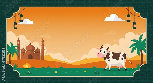 Cartoon Cow Walking Near Landmark with Sky and Palm Tree