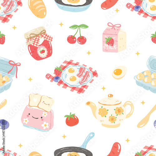 Breakfast Seamless Pattern, Kawaii Food Picnic Eggs Toast Milk Bacon Jam Strawberry Cute Pastel Digital Paper Design